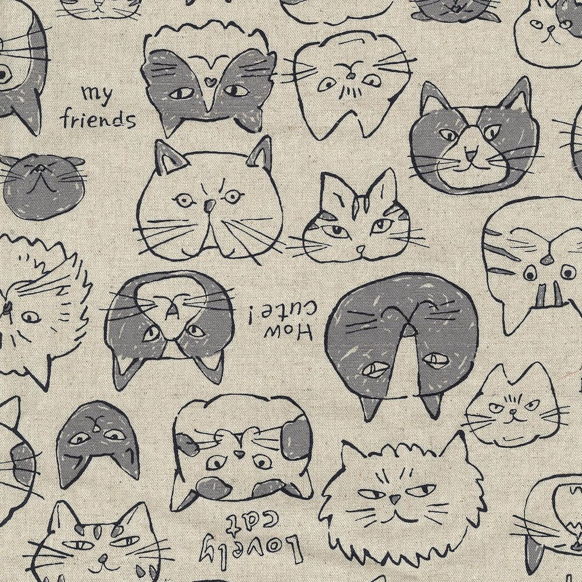 Doodle Animals Cat Cotton Linen Canvas - Light Beige YKA-36000-1