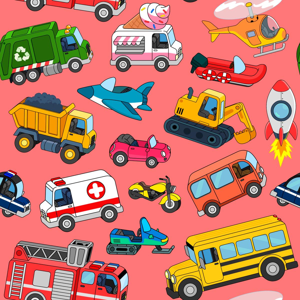 English Tree Colorful Transportation Vehicles on Red Fabric