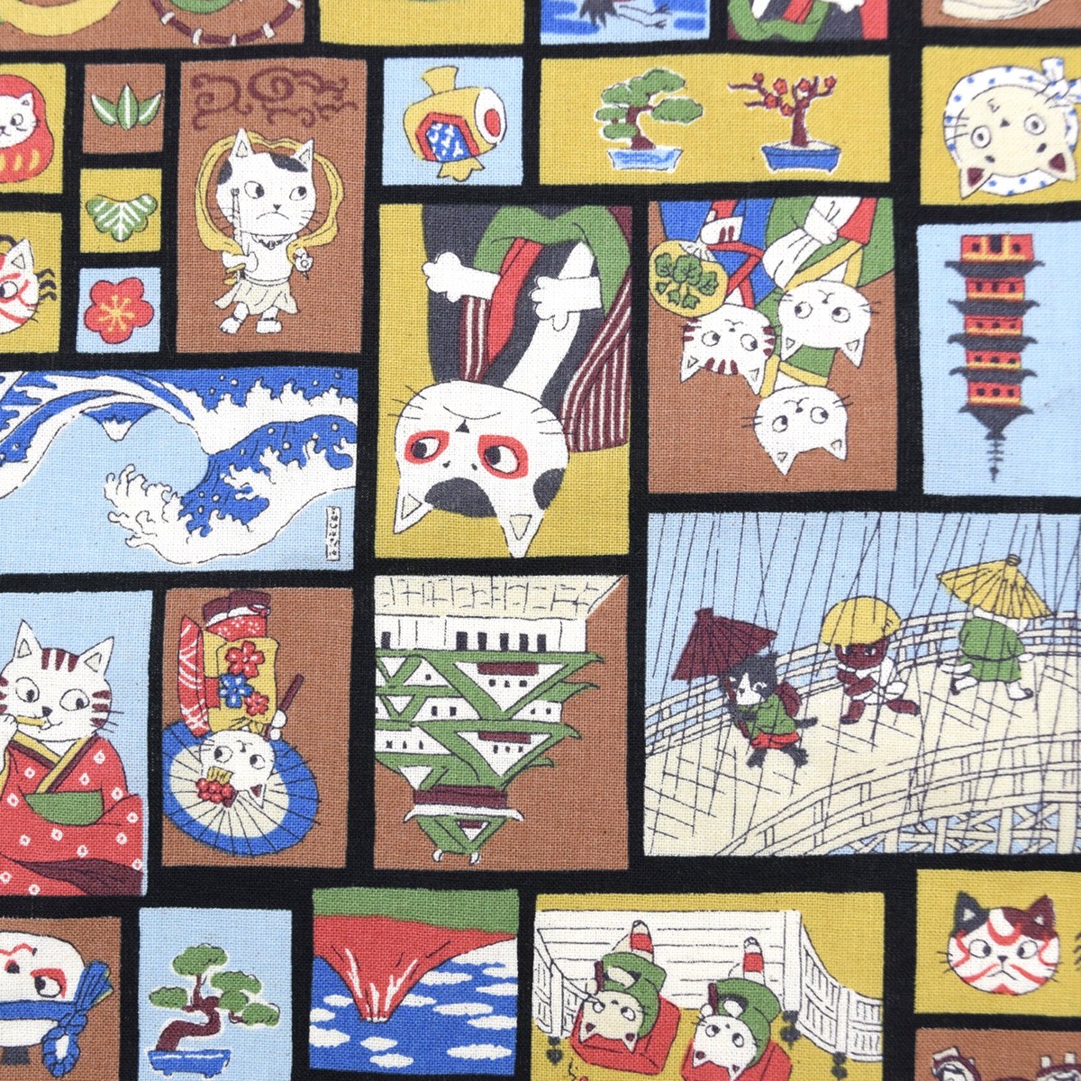 Funny Cats in Japan Cotton Sheeting - Black