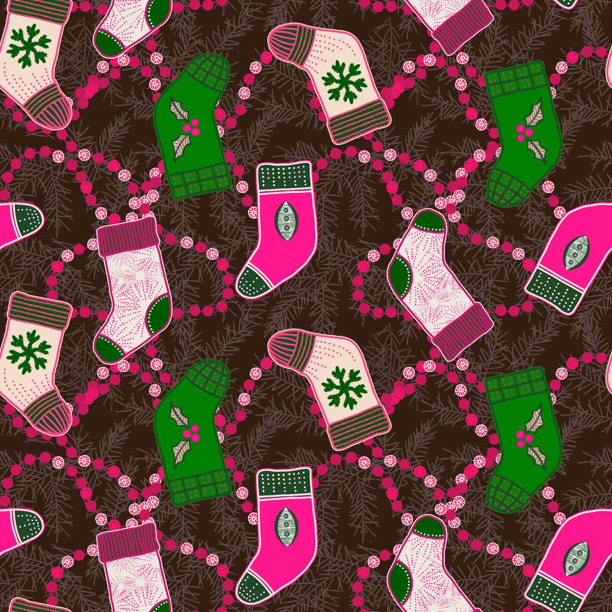 Holly Thomas Christmas Stockings and Mittens on Pink Fabric
