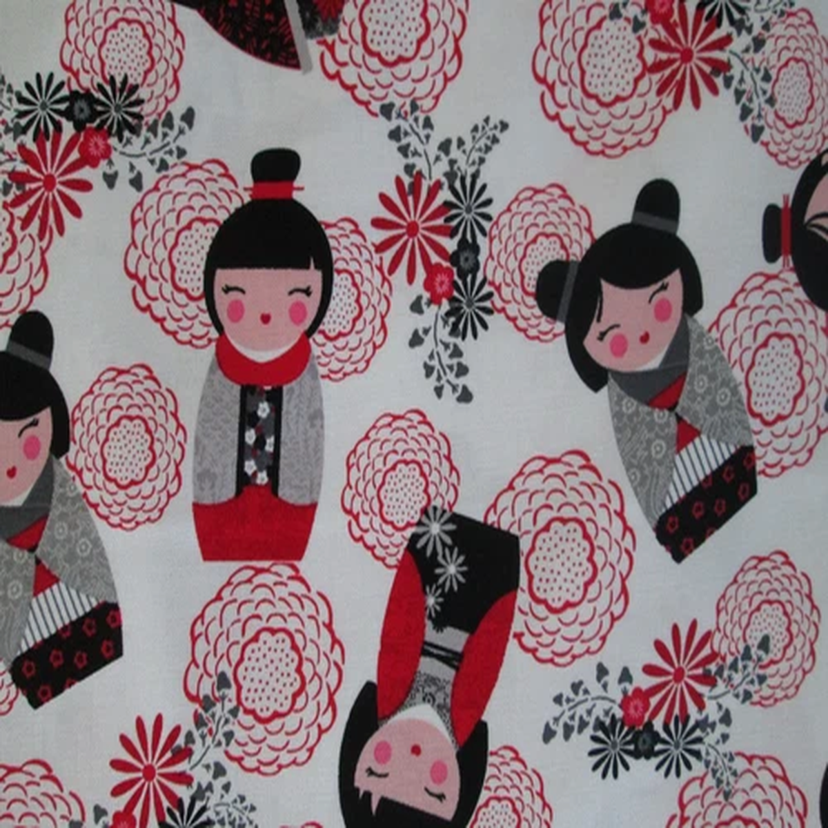 JAPANESE SAKURA DOLL DOLLS RED FLORAL WHITE COTTON FABRIC BTHY