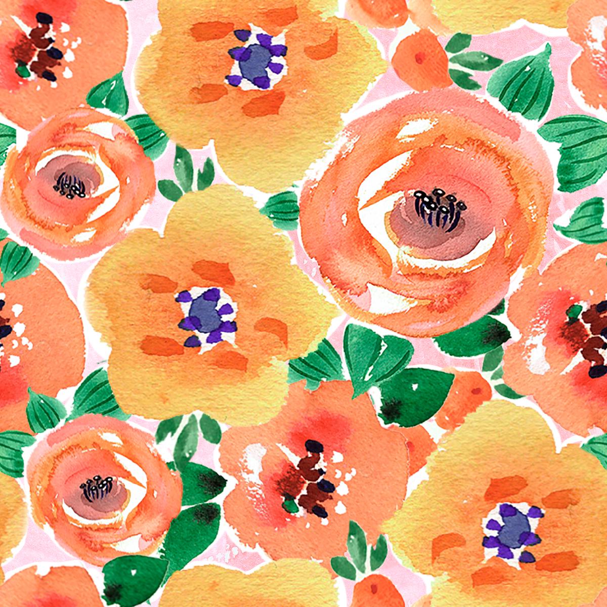 Jenny Faw Blossoms Watercolor Floral on Peach Fabric