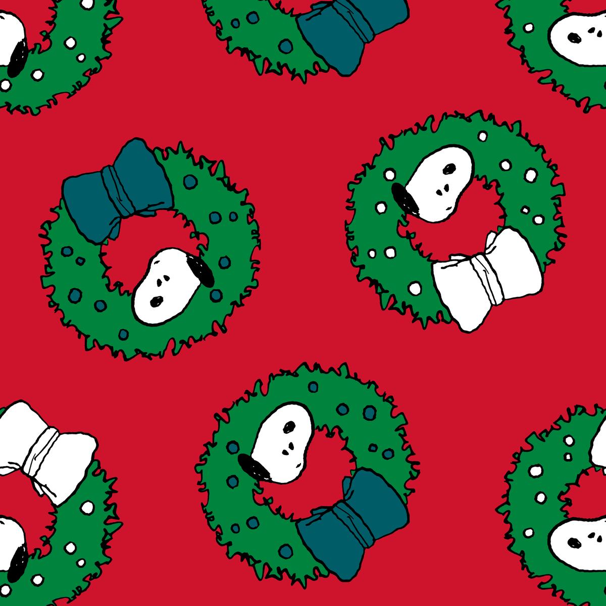 Peanuts Snoopy Christmas Wreaths on Red Fabric