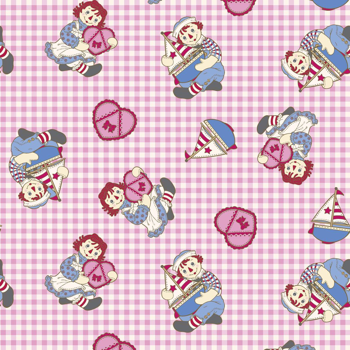 Raggedy Ann and Andy Vintage Gingham Hearts and Sailboats on Pink Fabric