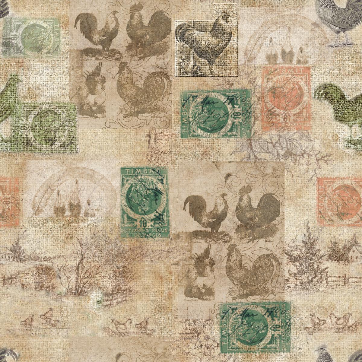 Susan Winget - Farmhouse Post - Vintage Rooster Collage Fabric