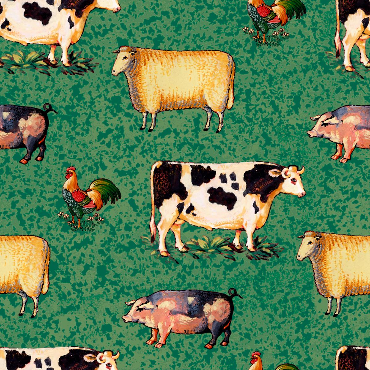 Country Farm Animals on Green Fabric