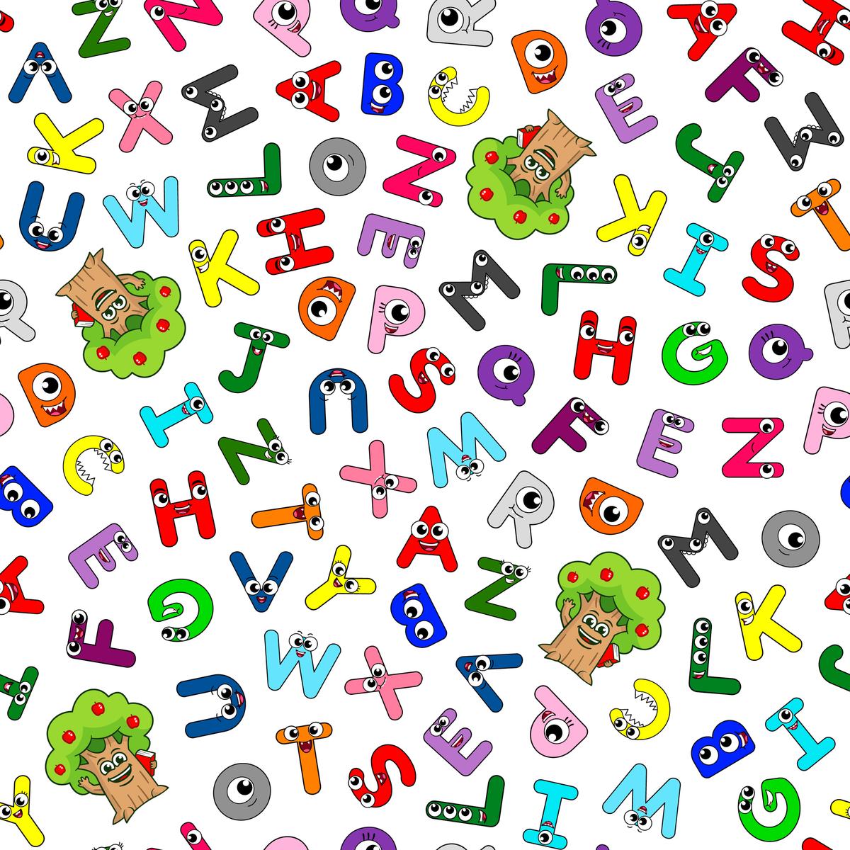 English Tree Alphabet Letters on White Fabric