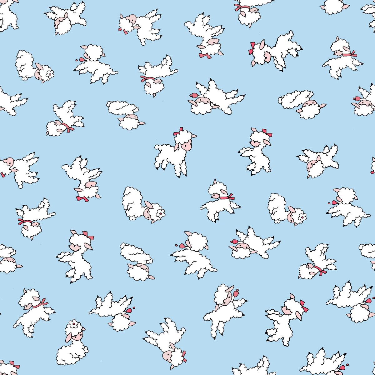 Playful Lambs on Light Blue Background Fabric