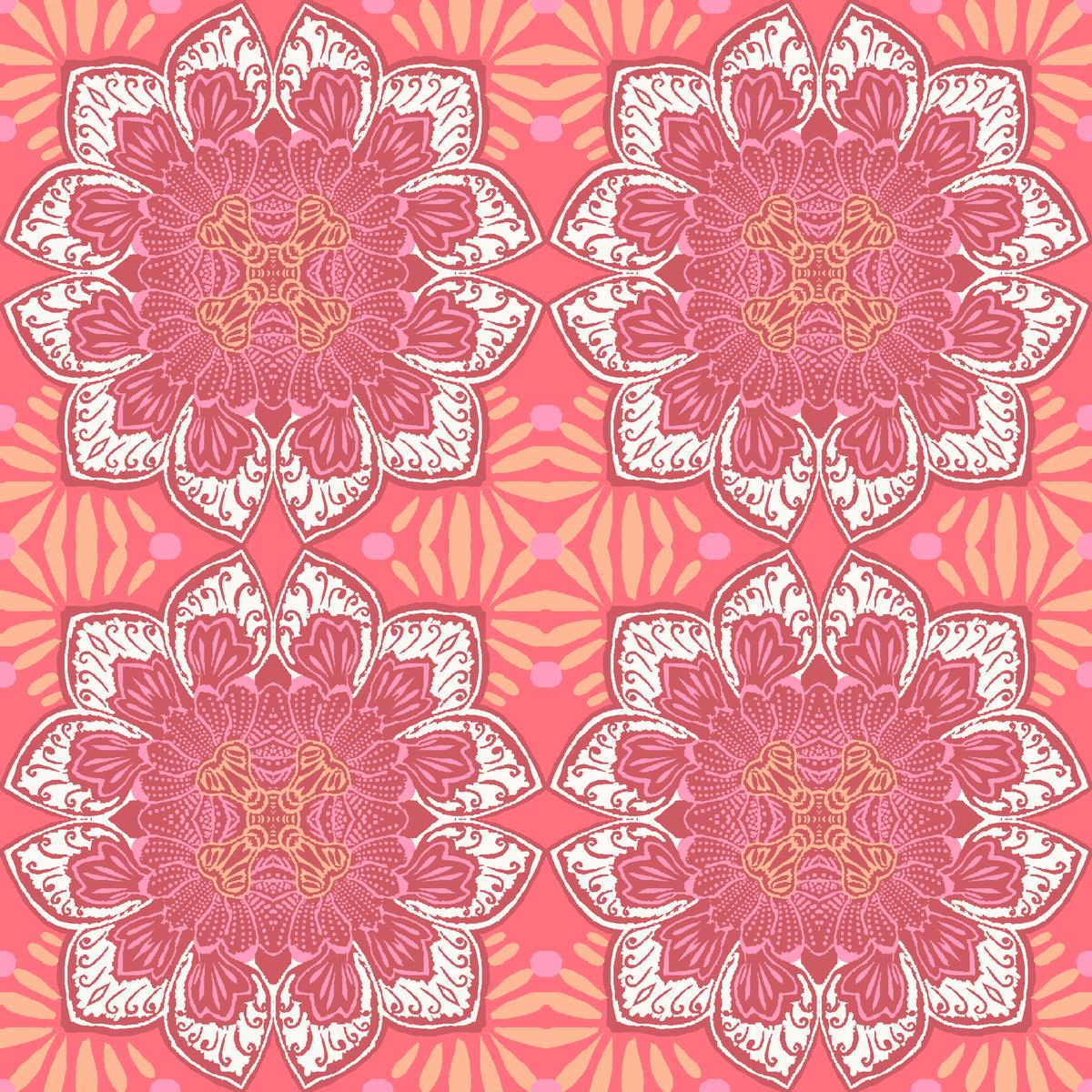 Retro Floral Tile on Pink & Coral Fabric