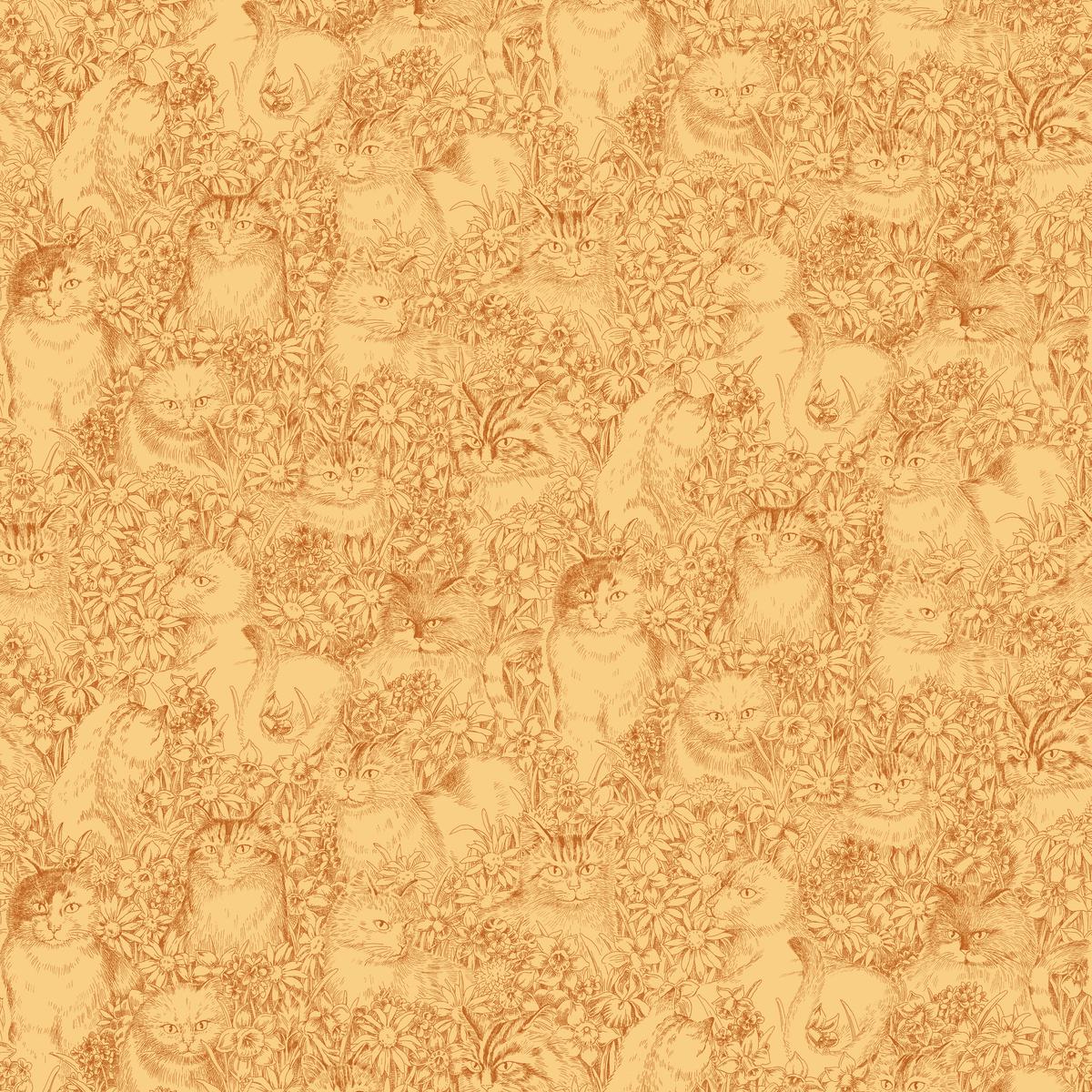 Floral Cat Sketch on Gold Fabric
