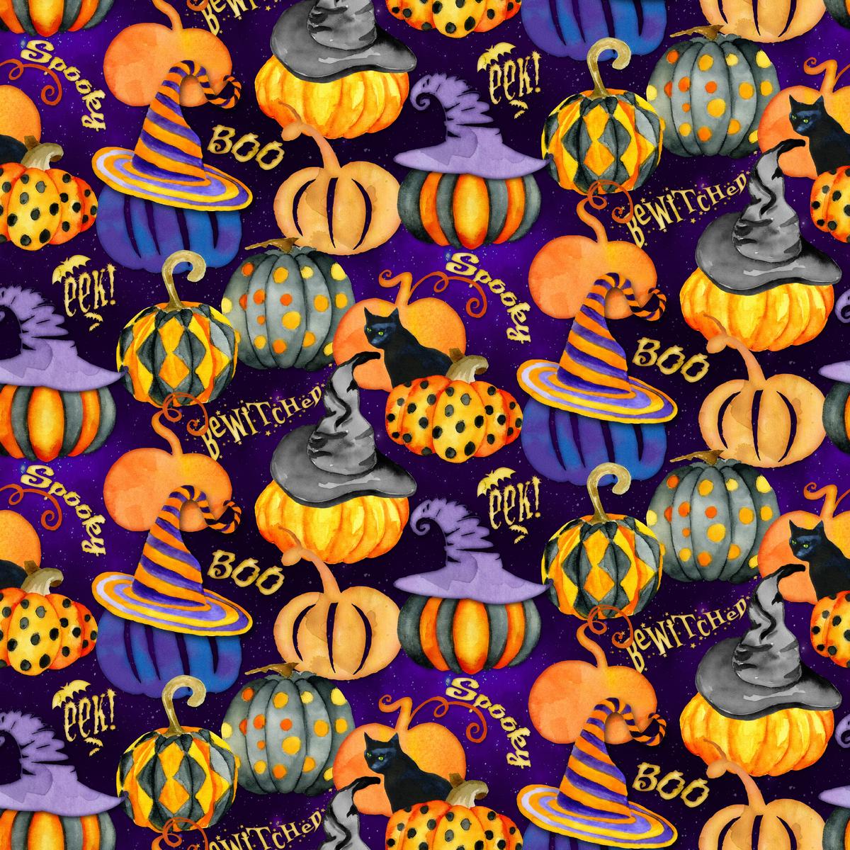 Kate Ward Thacker - Bewitched Pumpkins - Purple Halloween Fabric