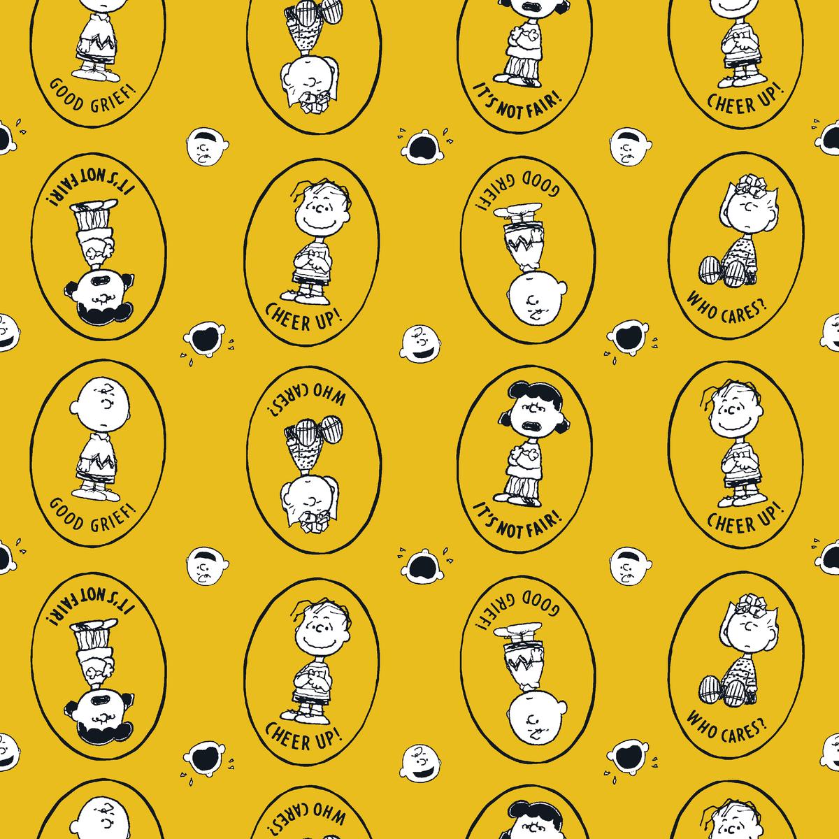 Peanuts Characters Oval Badges on Yellow Fabric