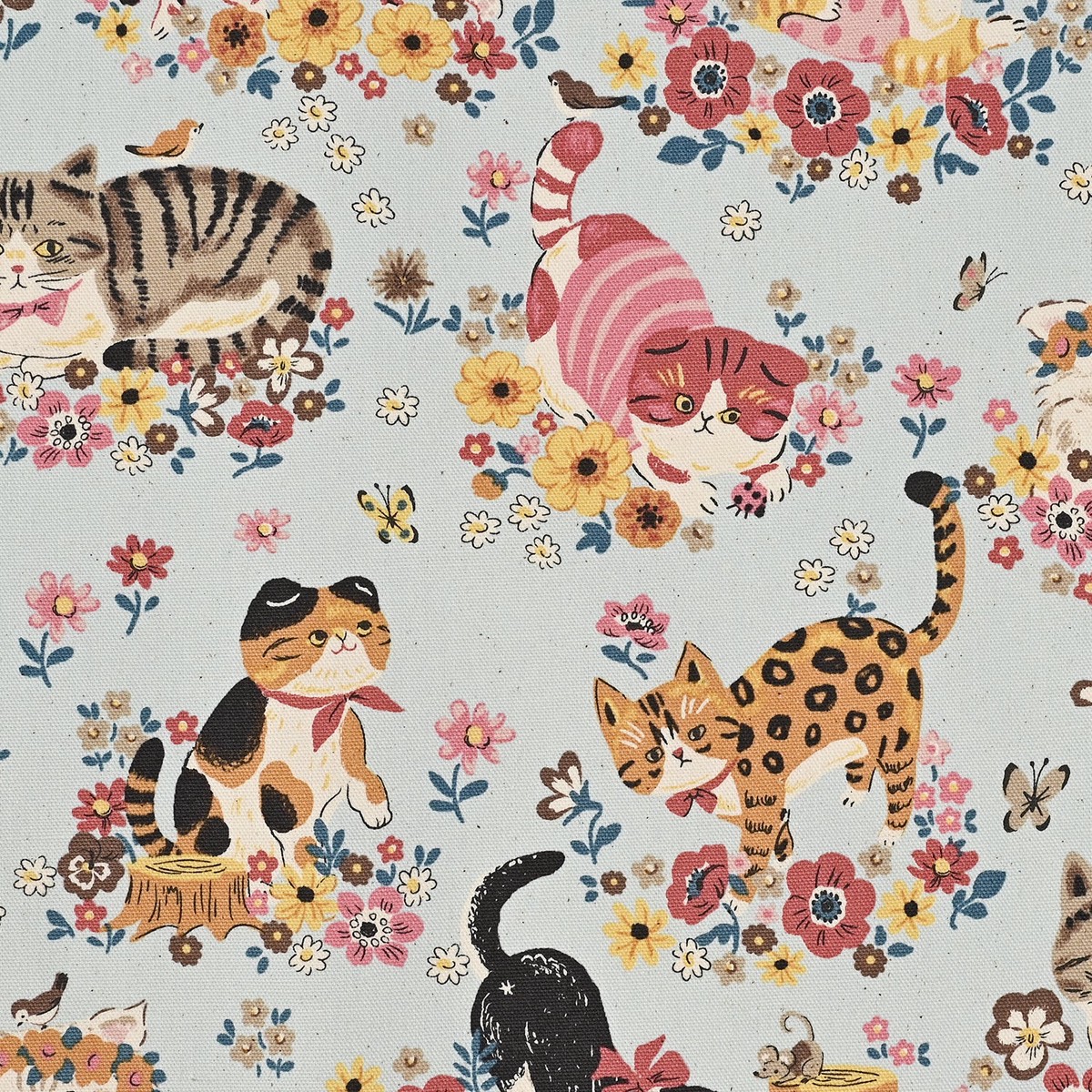 Powerful Animal Cats Flower Garden Cotton Oxford - Sax Blue YGA-81050-1