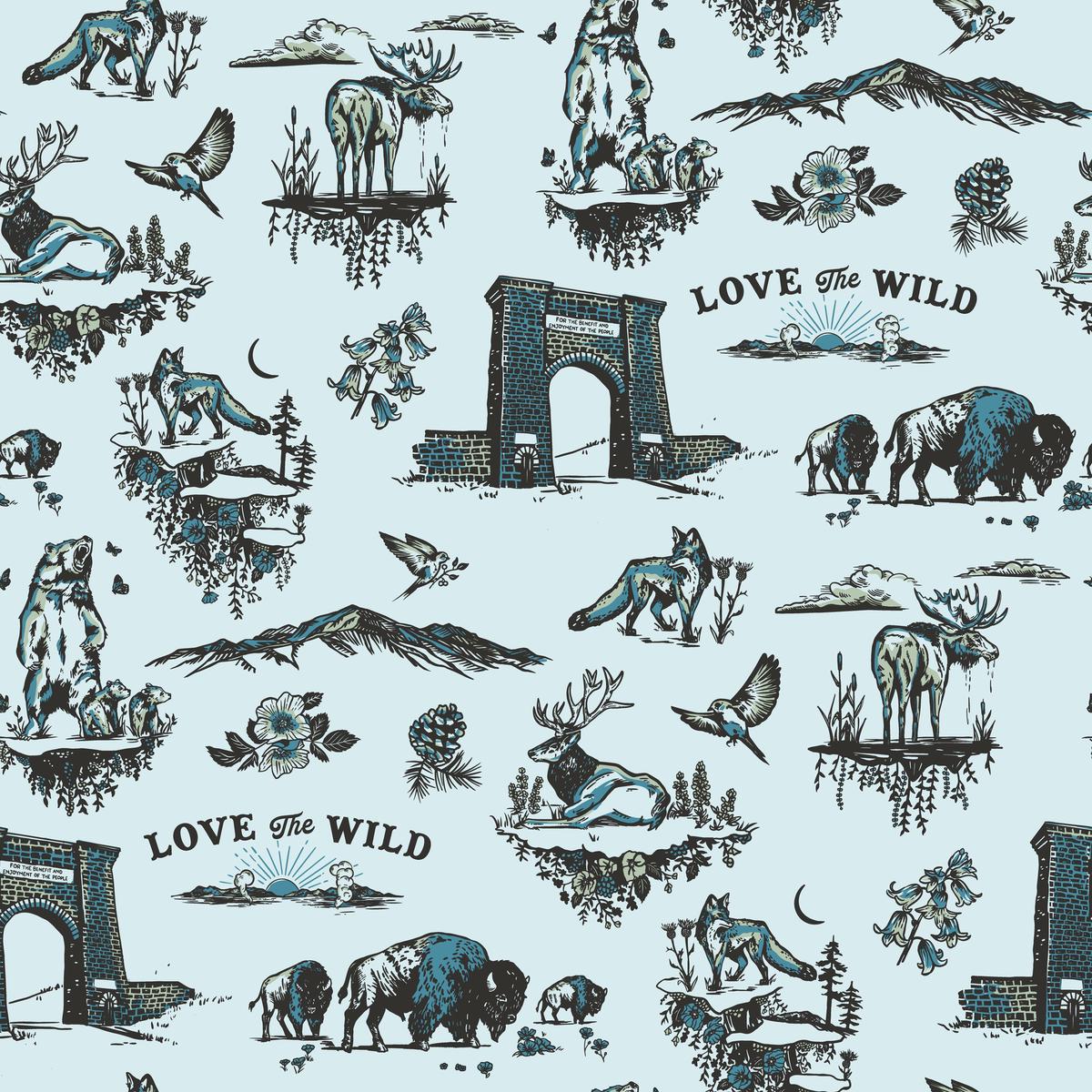 Whiskey Ginger Yellowstone Wildlife Blue Fabric