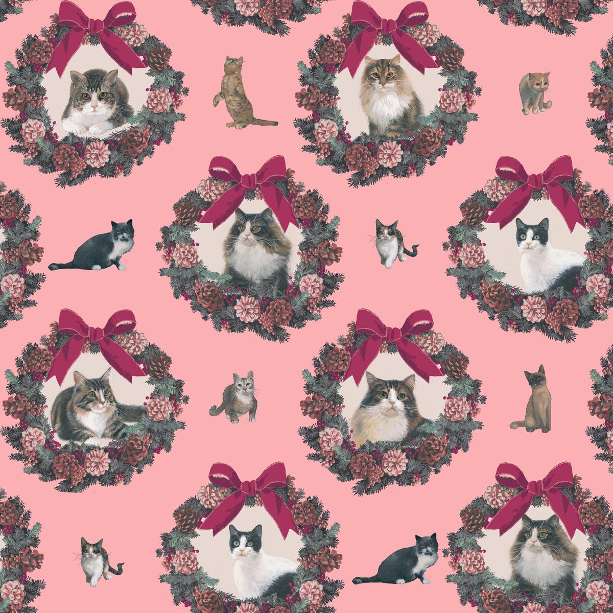 Wreath Kitty on Pink Fabric