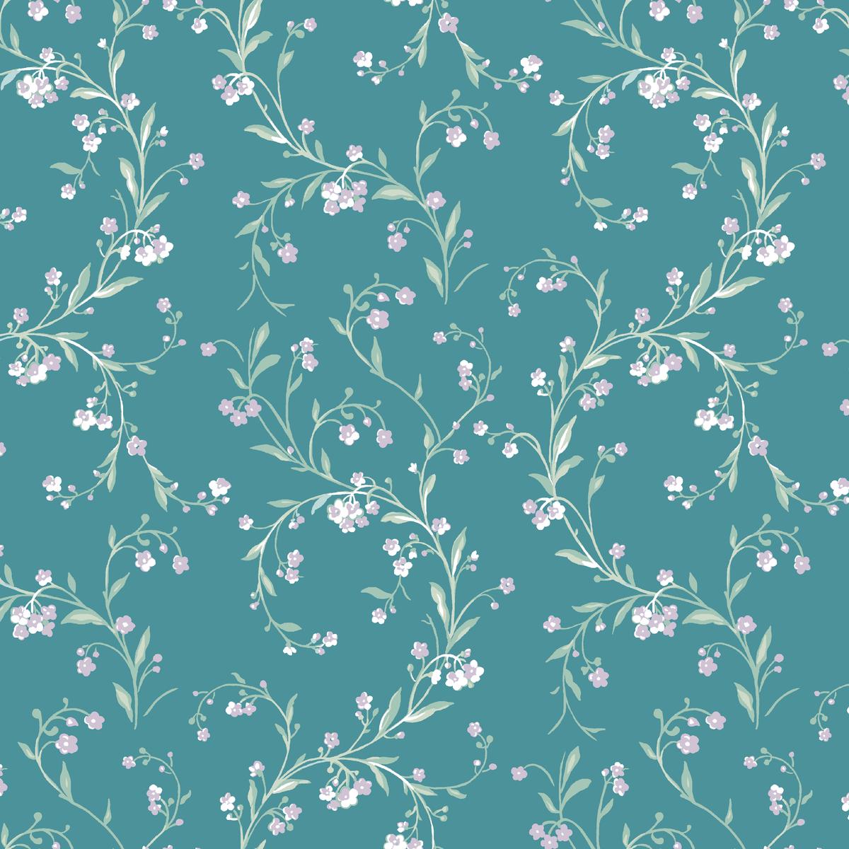 Delicate Floral Sprigs on Teal Fabric