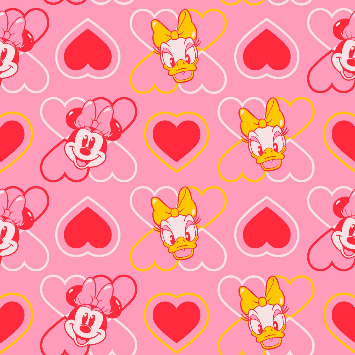 Disney Minnie Mouse and Daisy Duck Hearts Head Toss on Pink Fabric