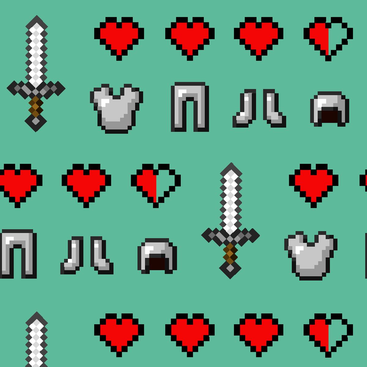 Minecraft Pixel Art Icons on Green Fabric