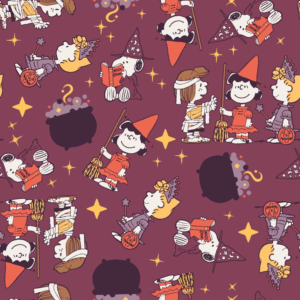 Peanuts Halloween Witch Fun on Purple Fabric
