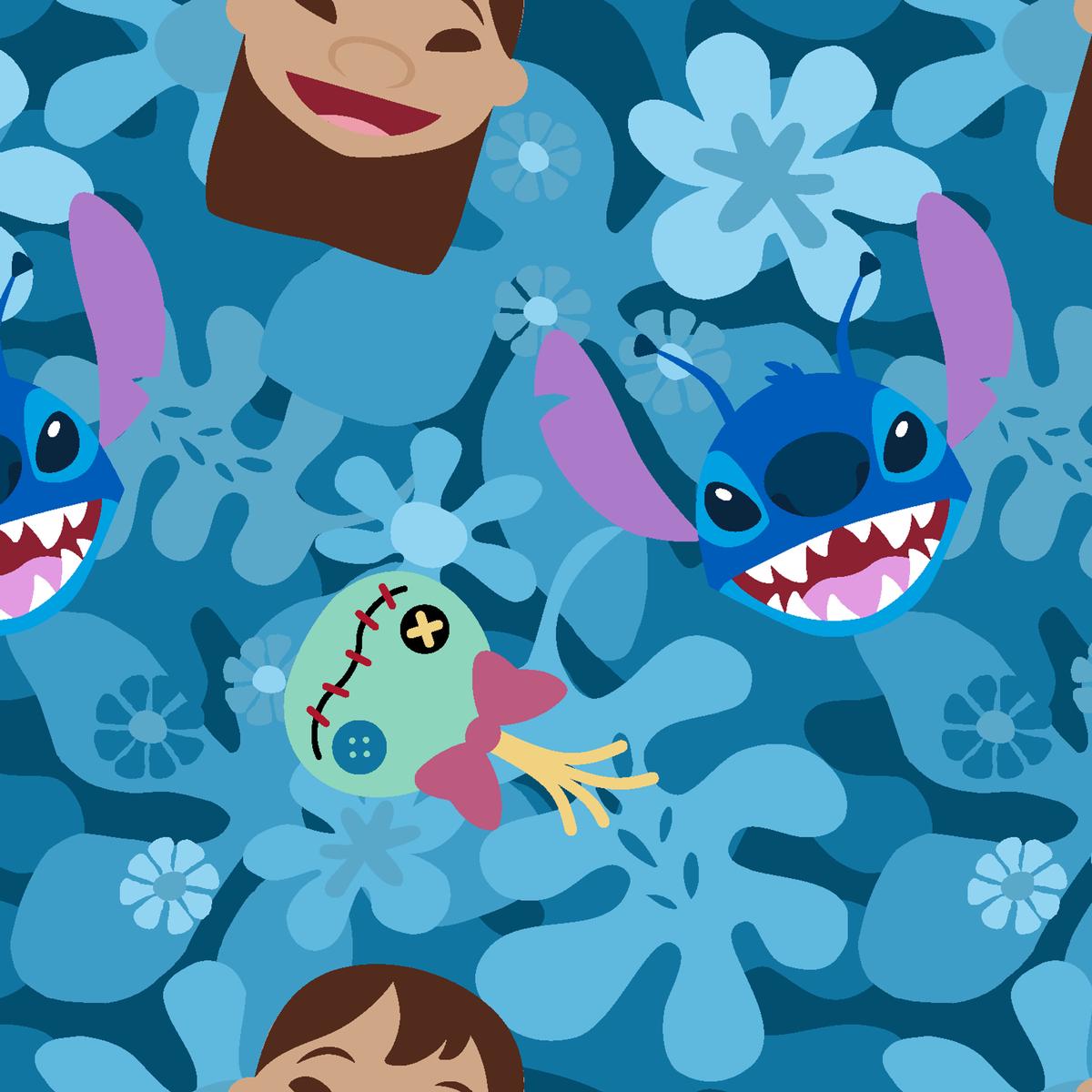Disney Lilo & Stitch Mischief Mode Blue Floral Toss Fabric