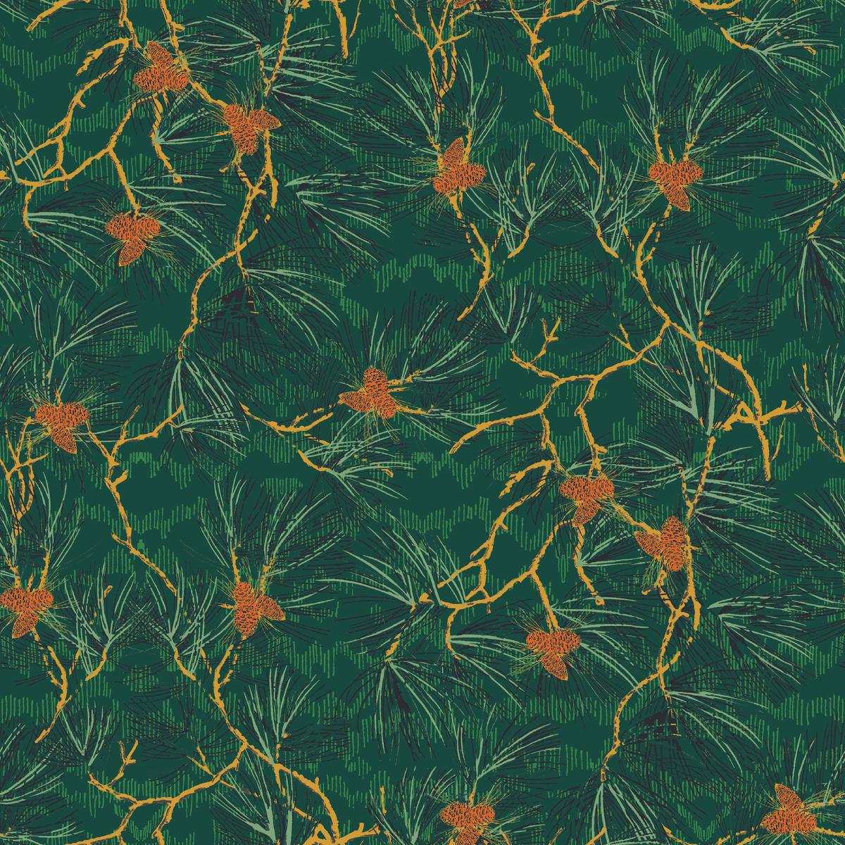 Noel Branches on Green Fabric