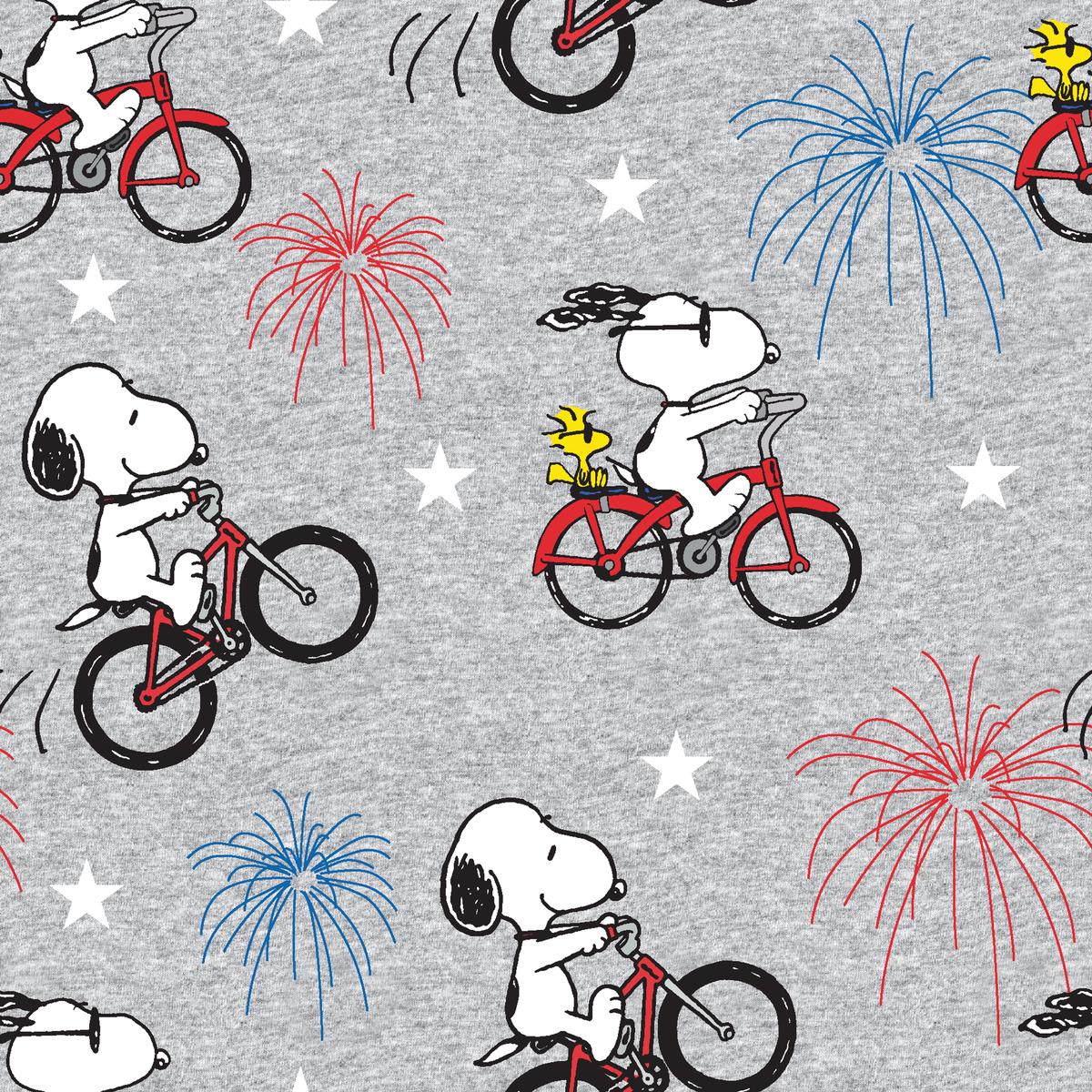 Peanuts Snoopy Bicycle Fireworks on Gray Fabric