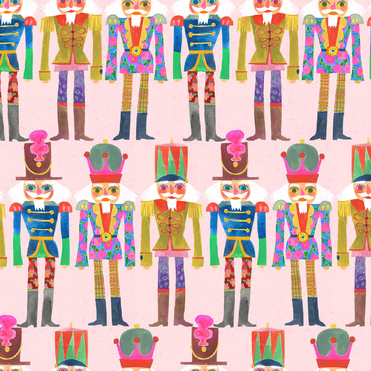 Shannon Snow Colorful Folk Nutcrackers on Pink Fabric