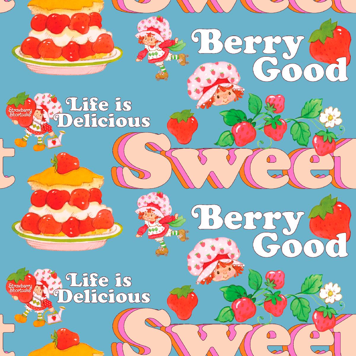 Strawberry Shortcake Berry Good on Blue Fabric