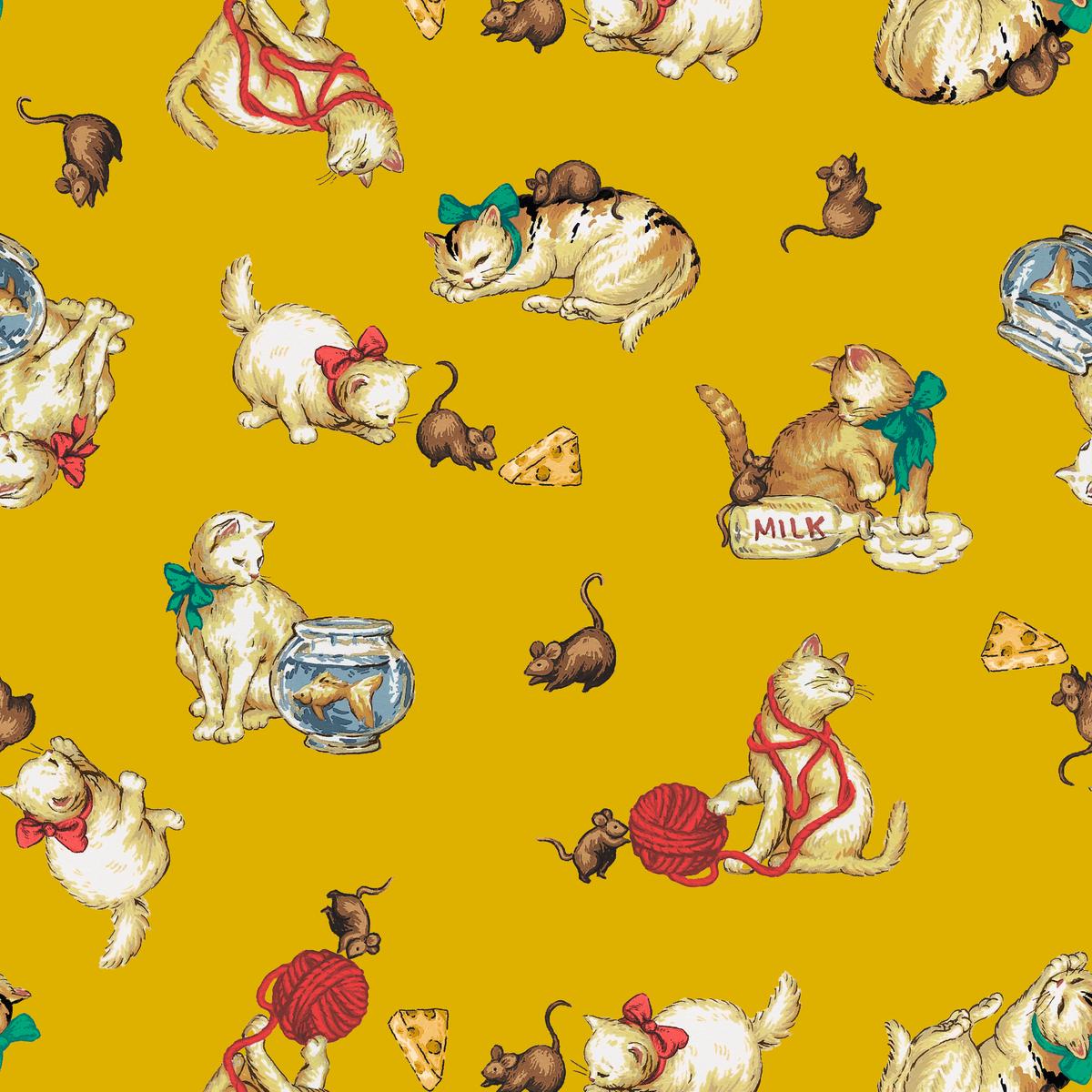 Mischievous Kitty on Yellow Fabric