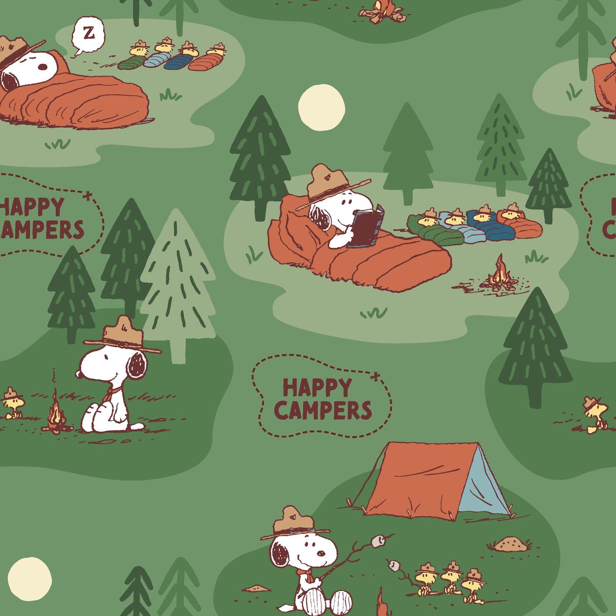 Peanuts Snoopy Camping Adventure on Green Fabric