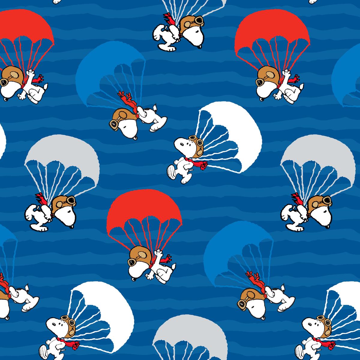 Peanuts Snoopy Skydiving Parachute on Blue Fabric