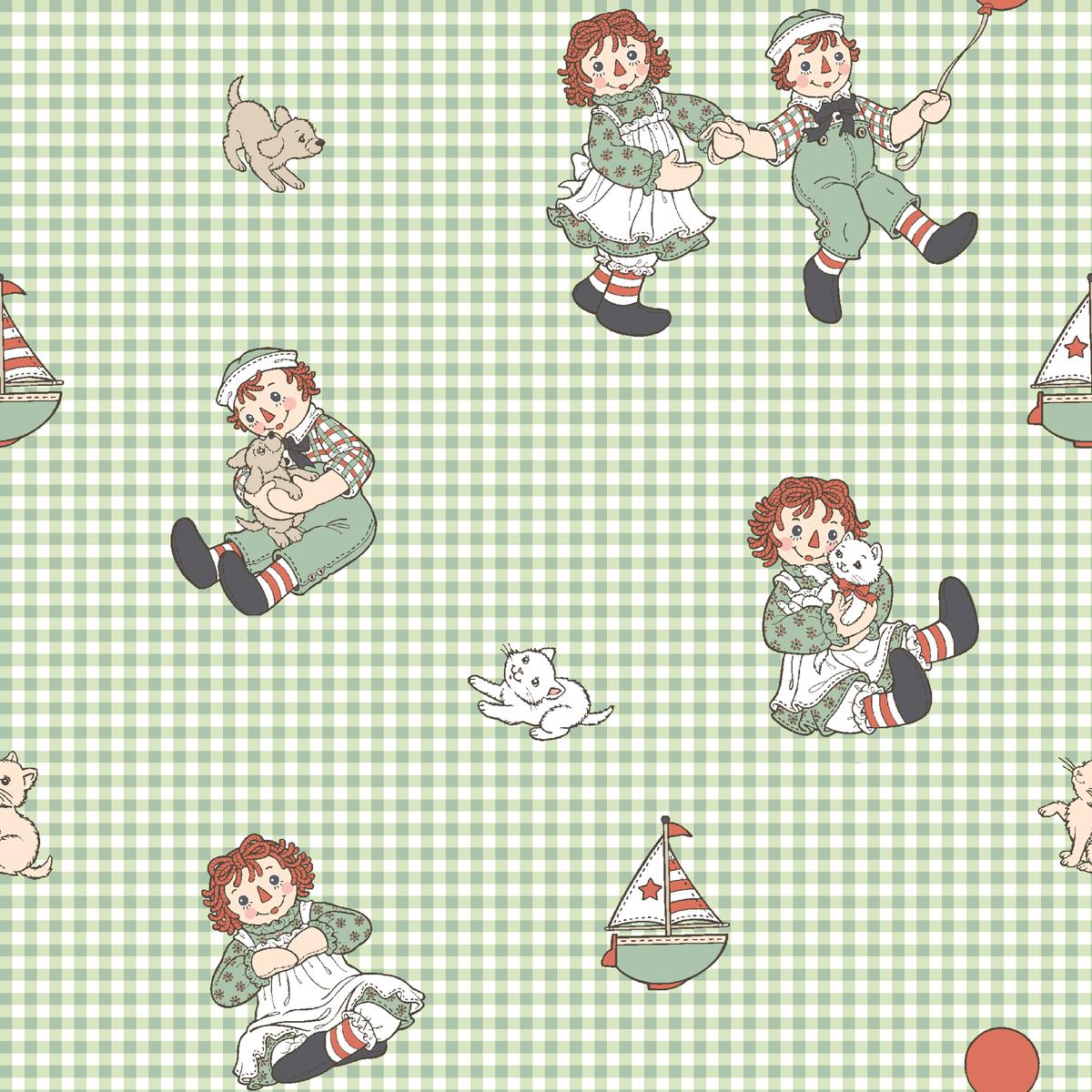 Raggedy Ann and Andy Plaid Toss Green Fabric