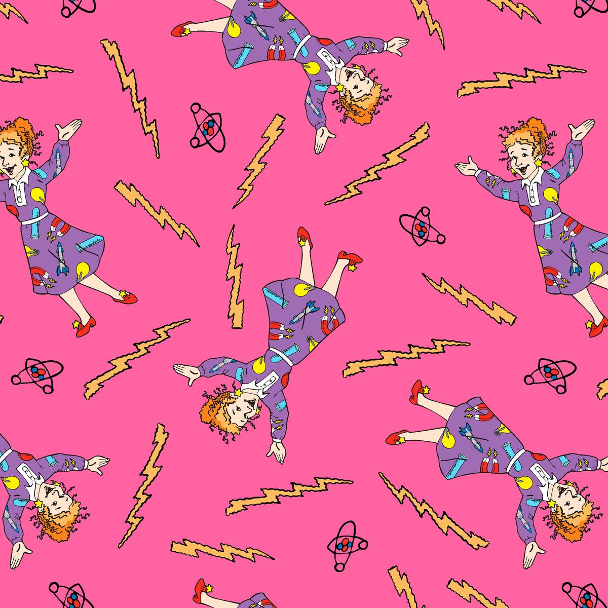 The Magic School Bus Ms. Frizzle Toss on Pink Fabric
