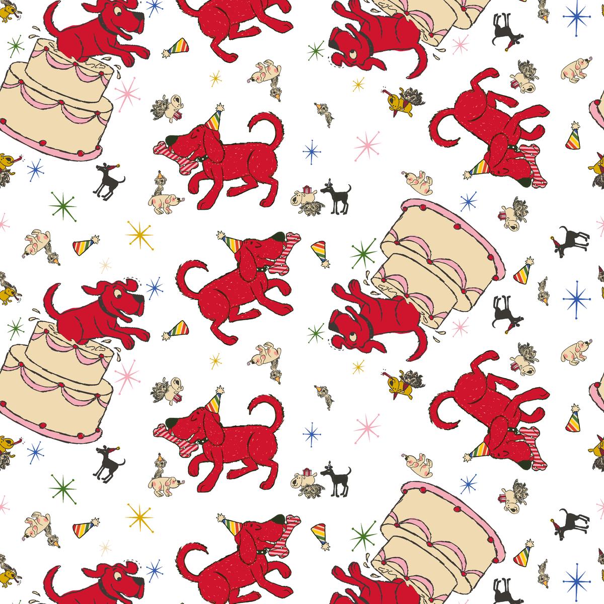 Clifford Party Animals on White Fabric