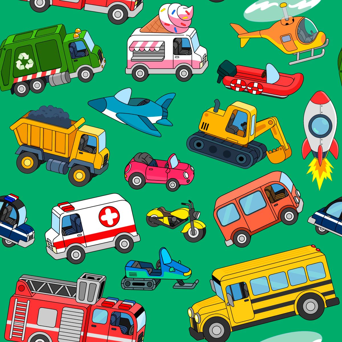 English Tree Colorful Transportation Vehicles on Green Fabric