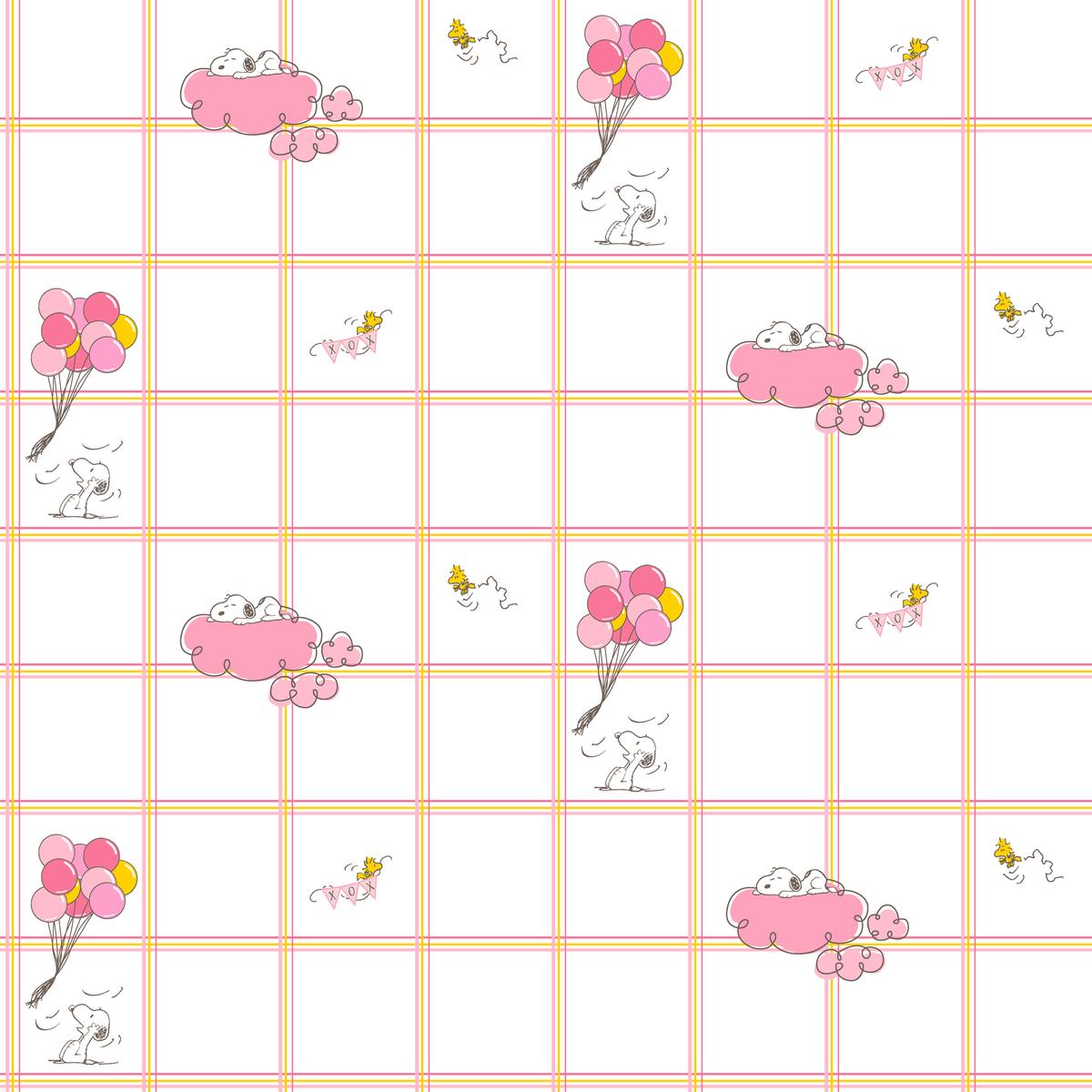 Peanuts Pink Balloon and Clouds Grid Toss Fabric