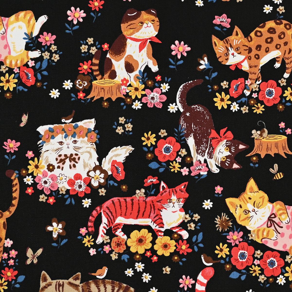 Powerful Animal Cats Flower Garden Cotton Oxford - Black YGA-81050-1