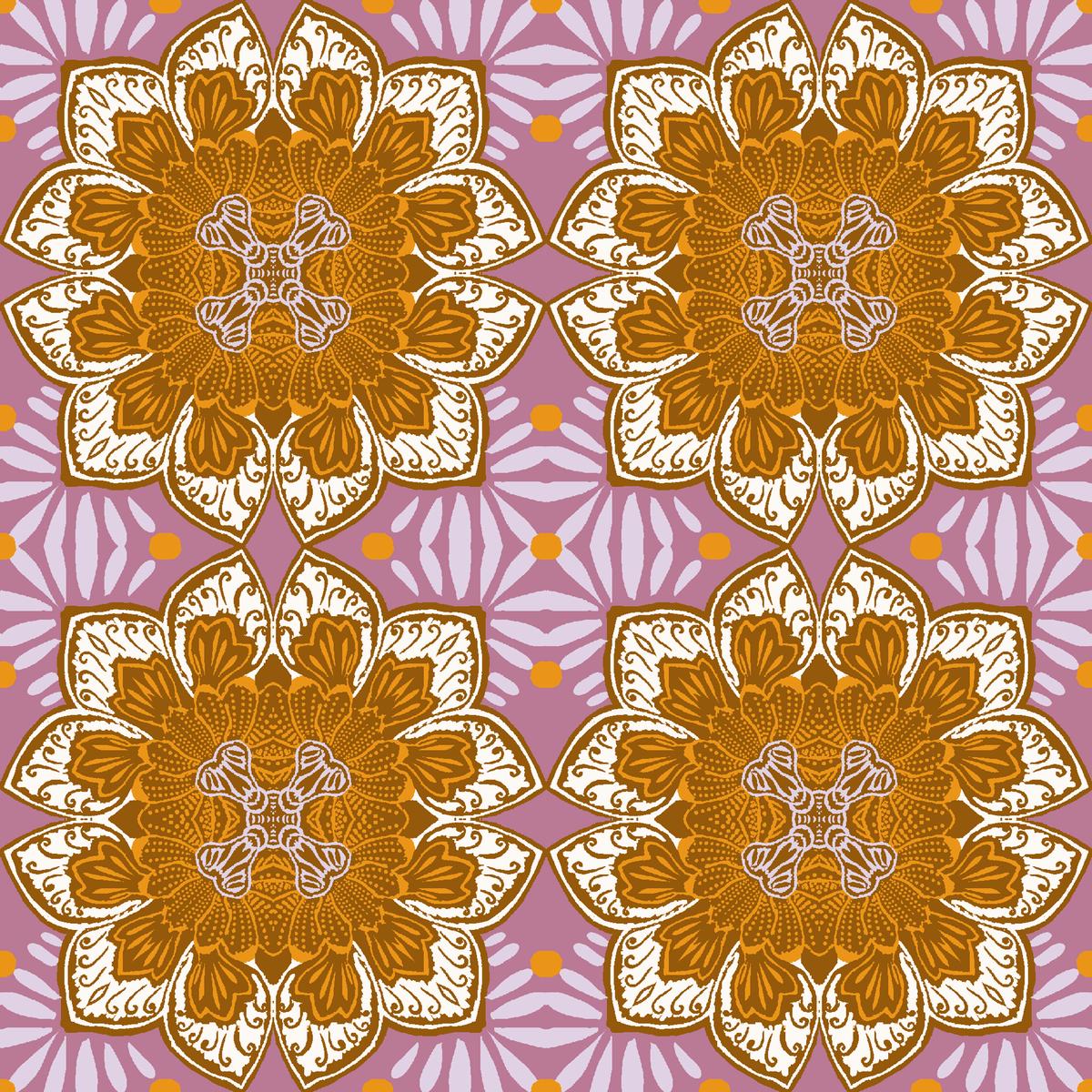 Retro Floral Tile on Purple & Orange Fabric