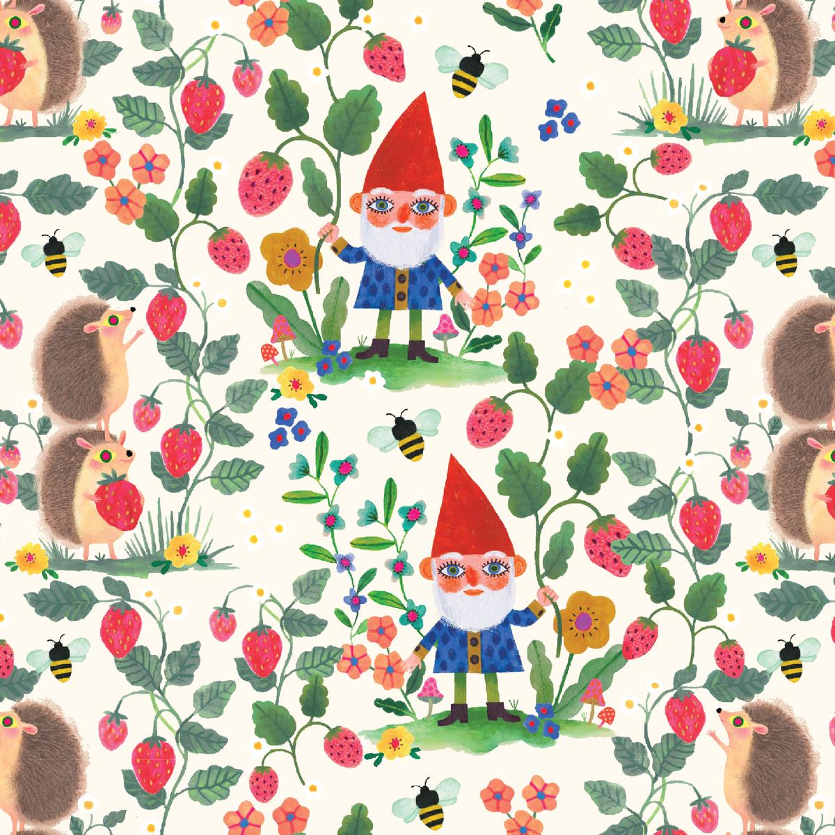 Shannon Snow Garden Gnomes on Cream Fabric