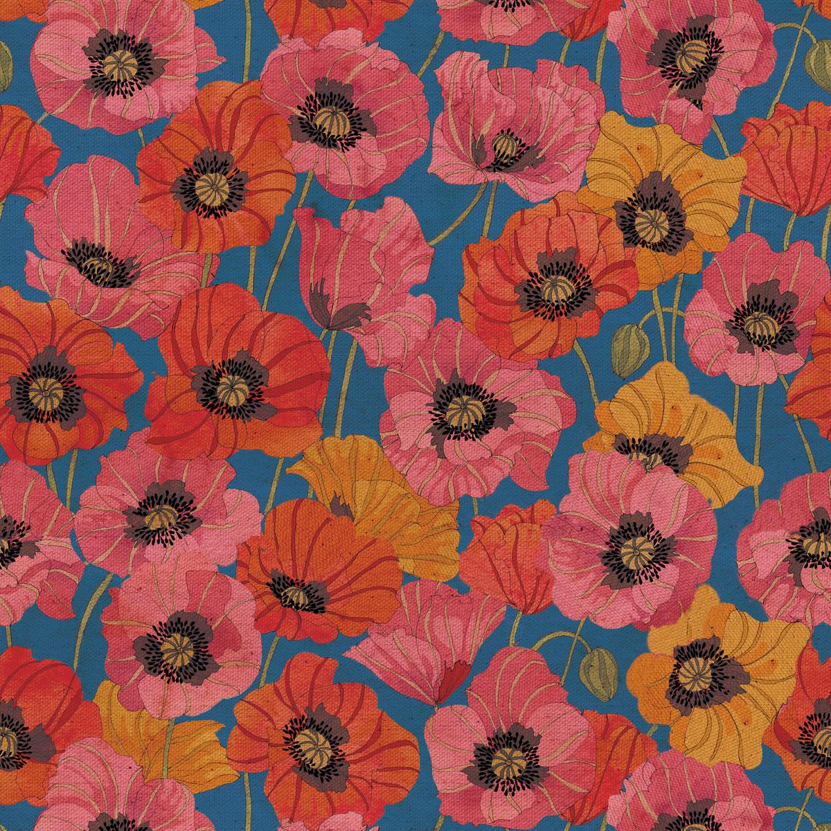 Tim Coffey Vintage Poppy Flowers on Blue Fabric