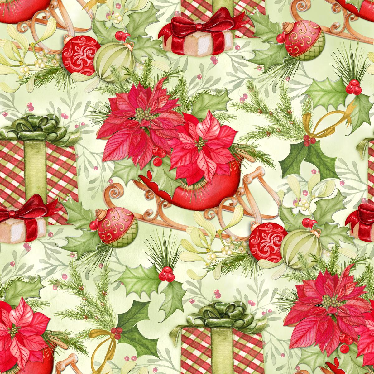 Holiday Sleigh & Poinsettia Toss by Nicole Tamarin Fabric