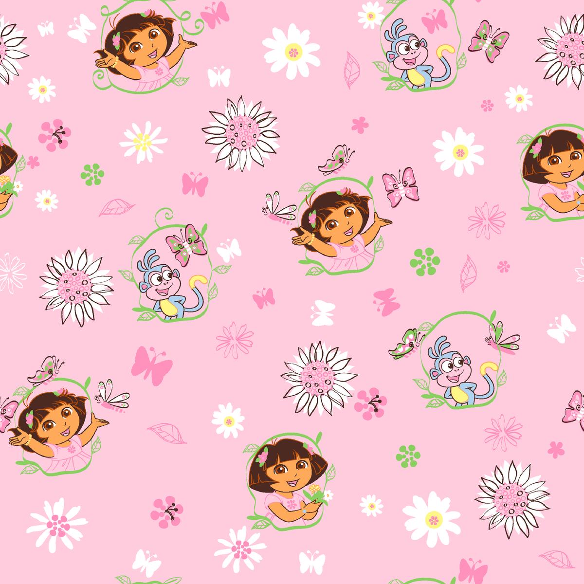 Nickelodeon Dora the Explorer Pink Flowers and Butterflies Fabric