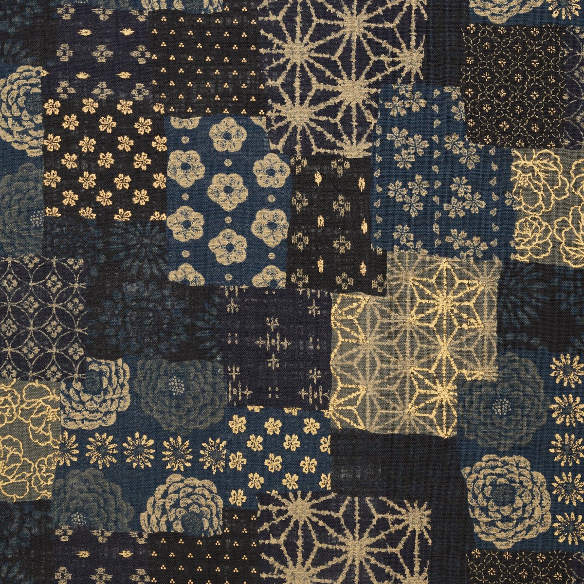 Patchwork Print Cotton Slub Fabric - Dark Navy