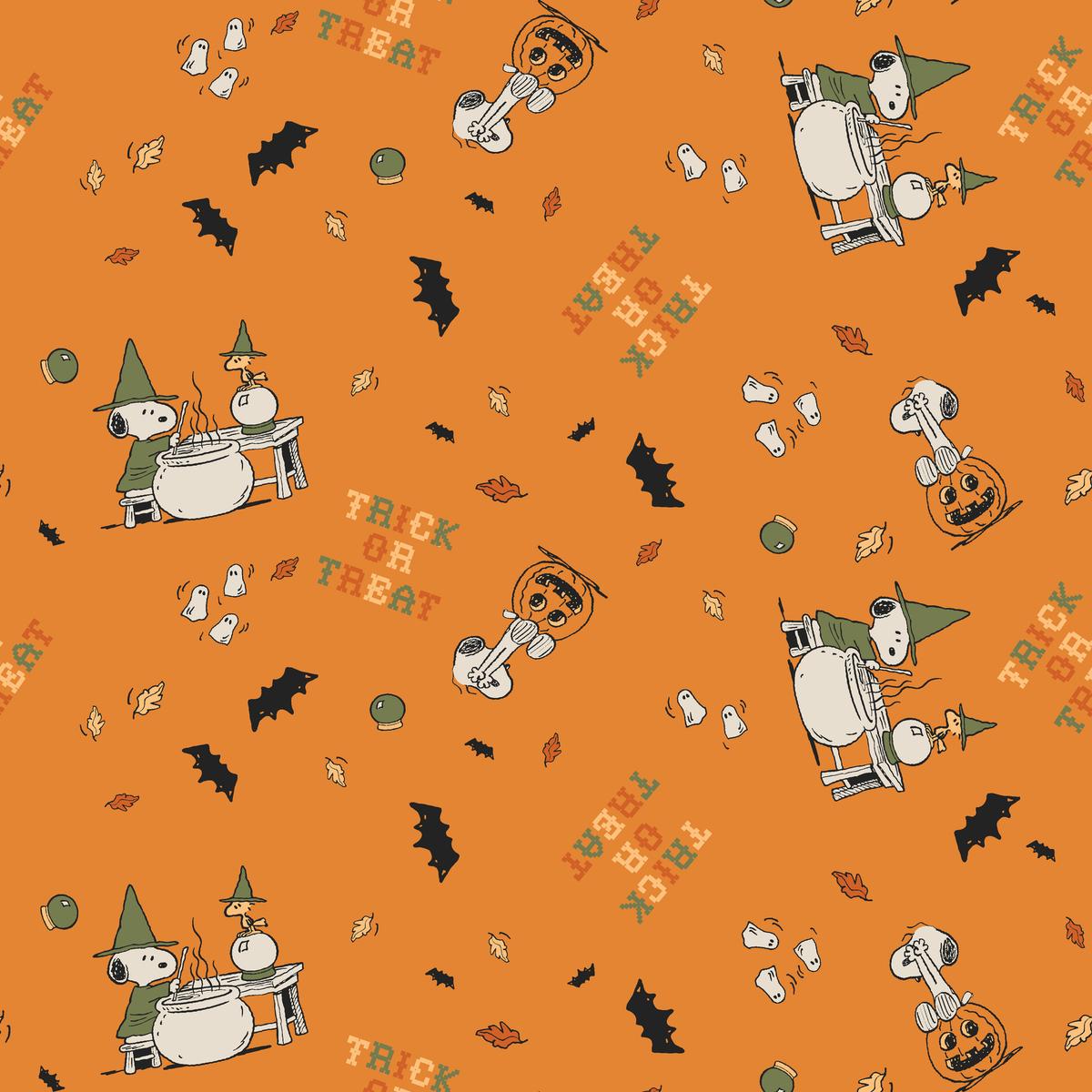 Peanuts Snoopy and Woodstock Treat or Treat on Orange Fabric