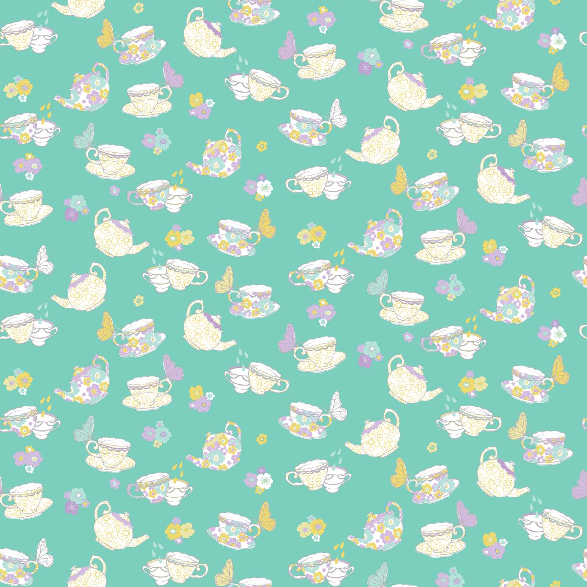 Tea Party on Teal Fabric