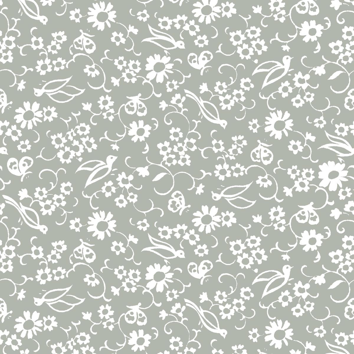 Vintage Floral Birds on Soft Gray Fabric