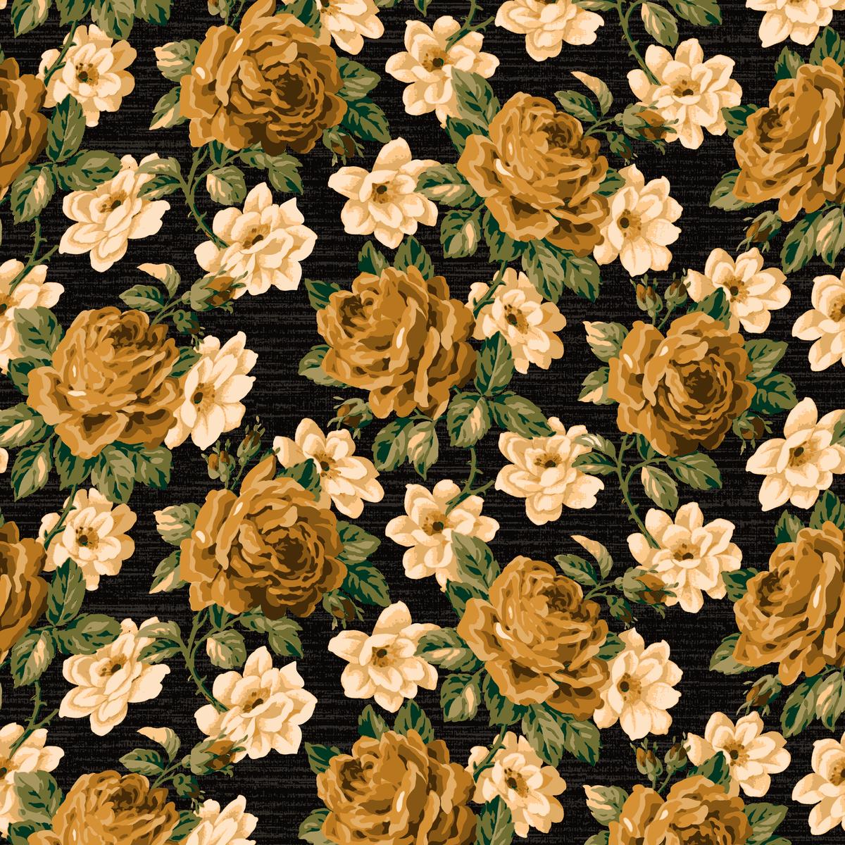 Vintage Golden Roses Floral on Black Fabric