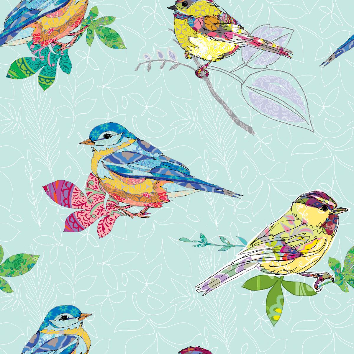 Tim Coffey - Songbird Collage - Mint Patchwork Birds Fabric