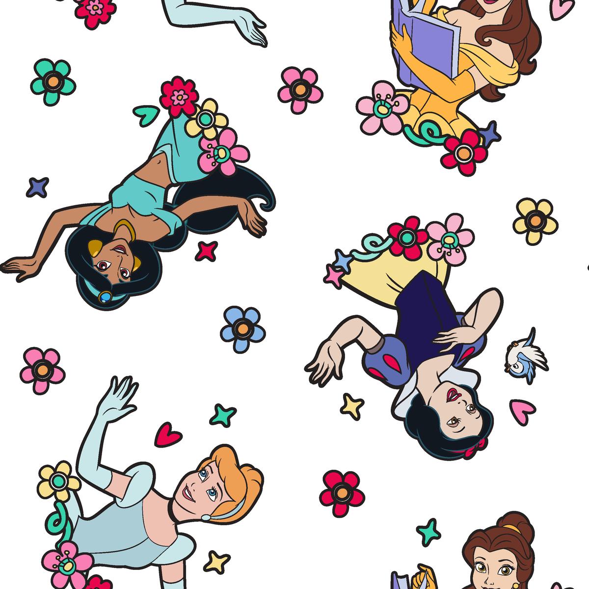 Disney Princess Tossed in Floral on White Fabric