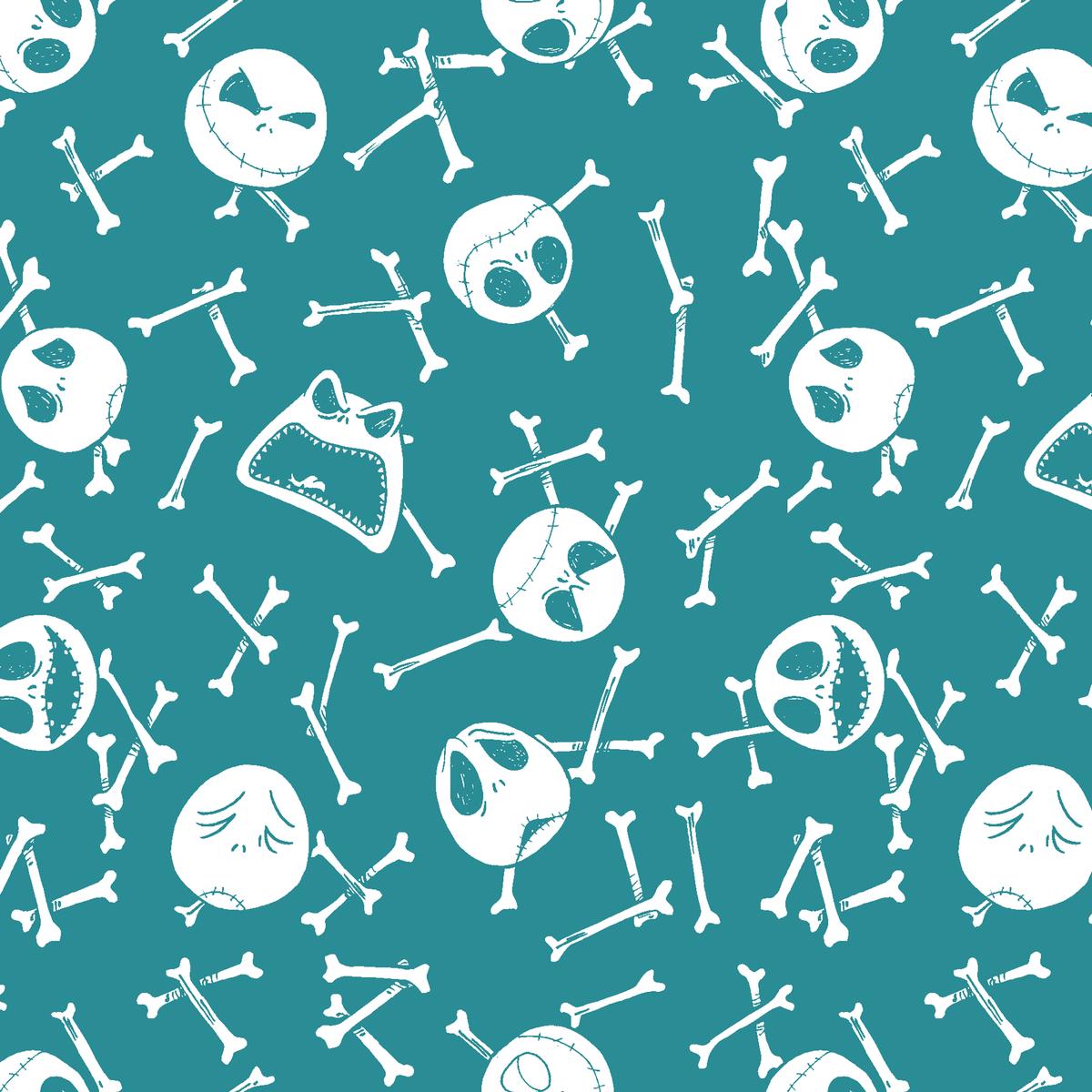 Disney Tim Burton's The Nightmare Before Christmas Skull and Bones on Teal Fabric